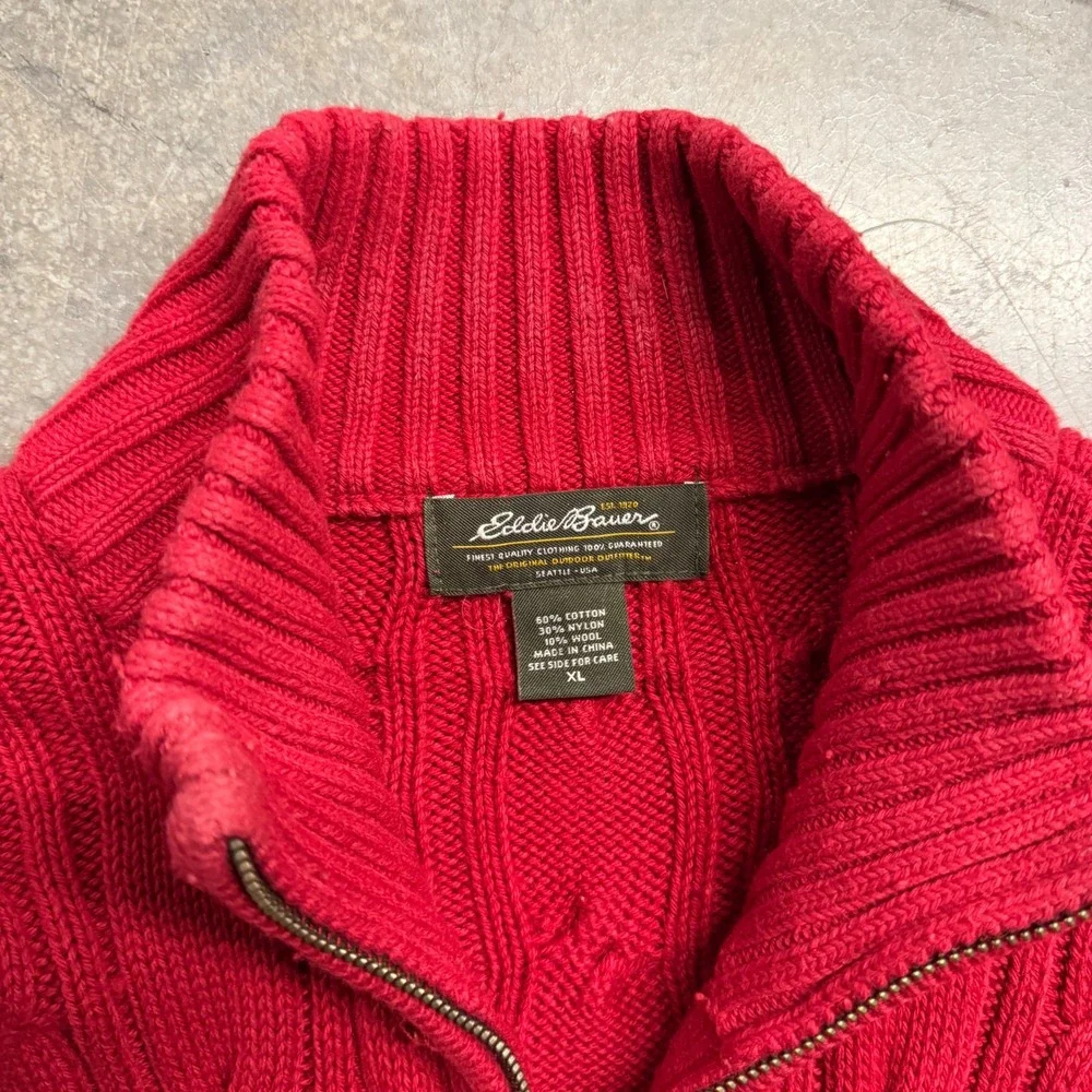 Eddie Bauer Red Cable Knit Full Zip Cardigan Sweater Mens XL Cotton Wool Blend
